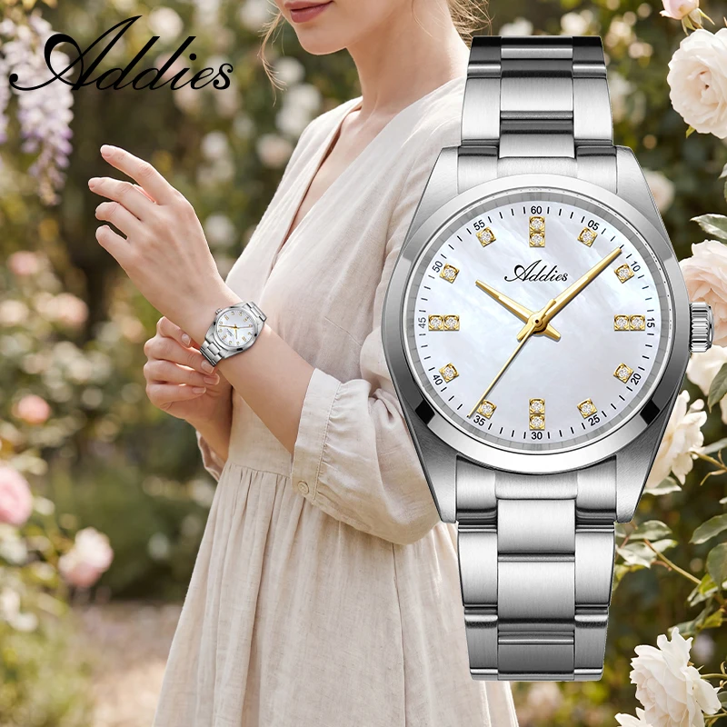 ADDIES Ladies Watch Women 31mm Sapphire Crystal 316L Steel Diamond Dial Japanese Quartz Movement Waterproof Fashion Wristwatch