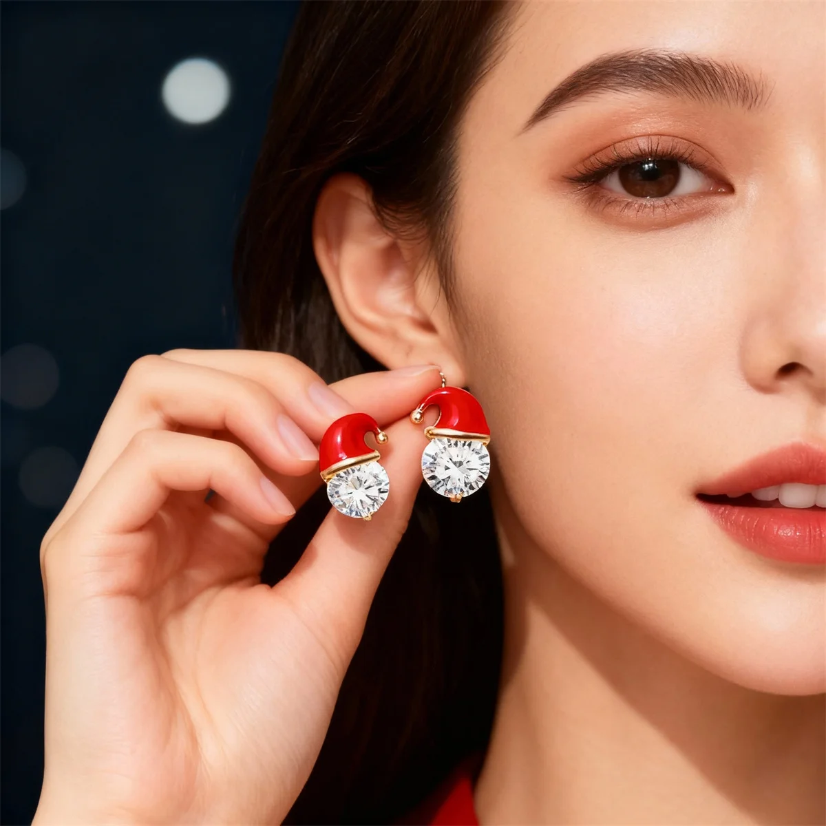 Pendientes de sombrero de Papá Noel, 2 pares, circonita cúbica brillante de oro rojo, joyería navideña, regalo, accesorios de fiesta para adolescentes y mujeres