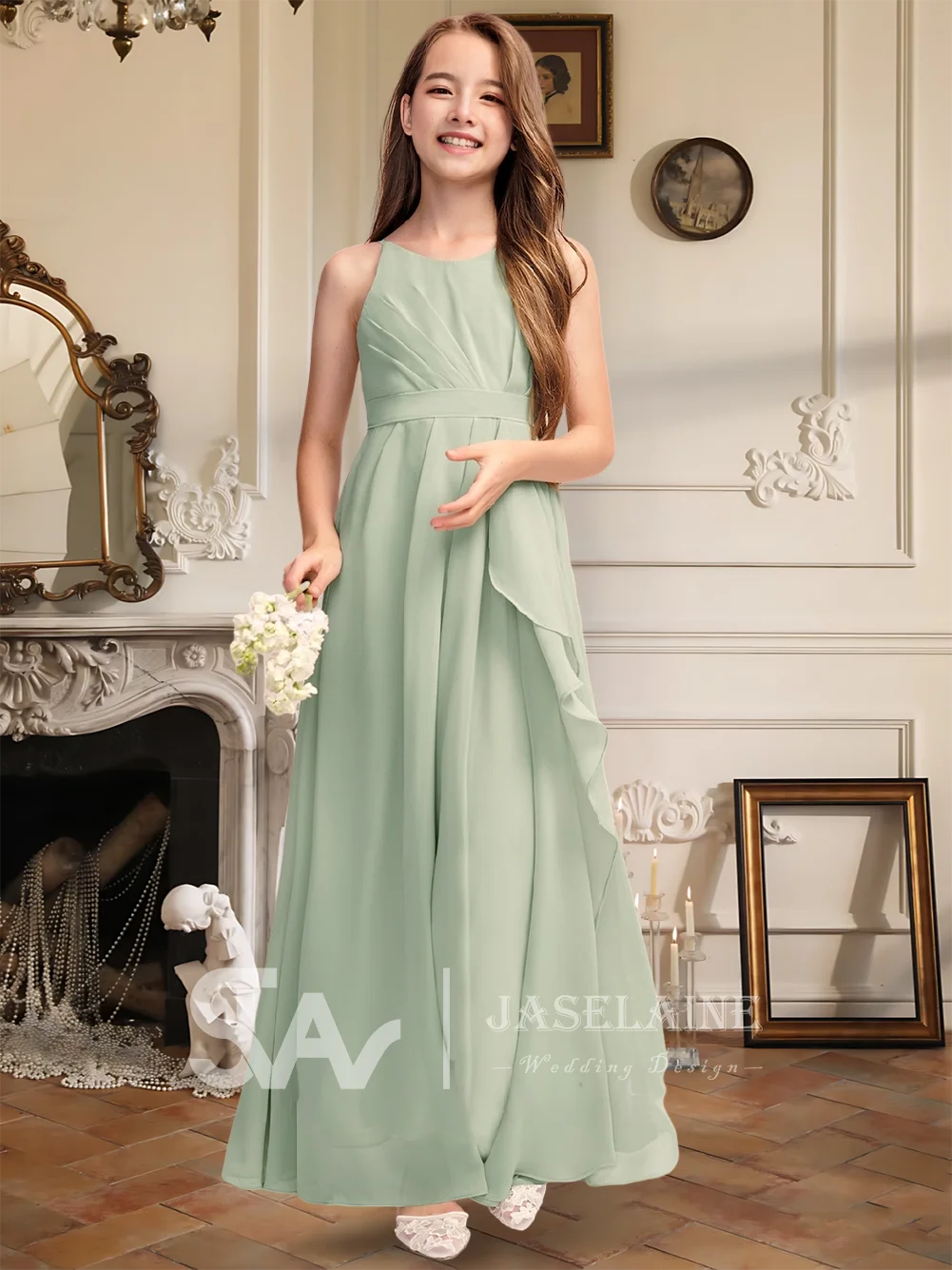 Элегантное платье подружки невесты из шифона длиной до пола, платье с цветочным узором для девочек, трапециевидное платье с каскадными оборками, официальное свадебное платье для девочек