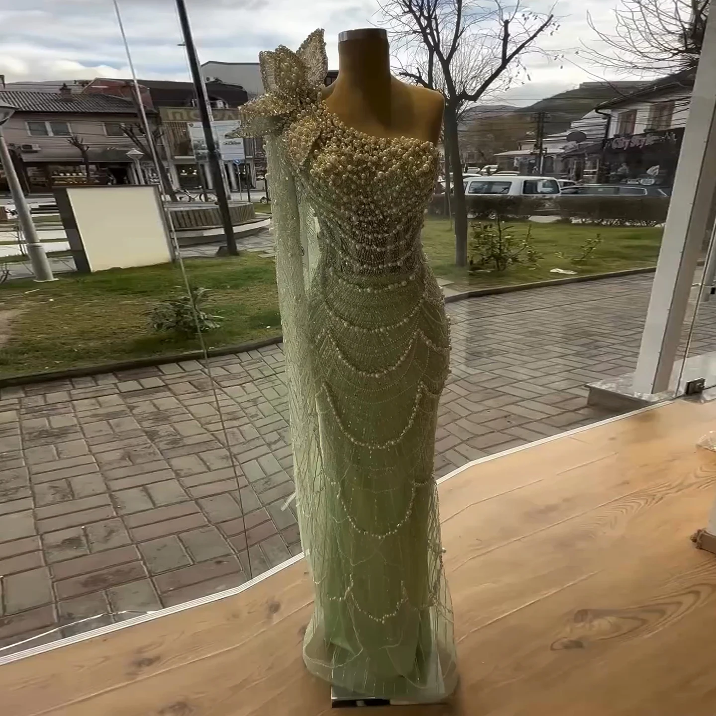 

Sharon Said Luxury Pearls Sage Green One Shoulder 3D Flower Arabic Evenng Dress Cape Sleeves Wedding Party Gown SS688 Customized