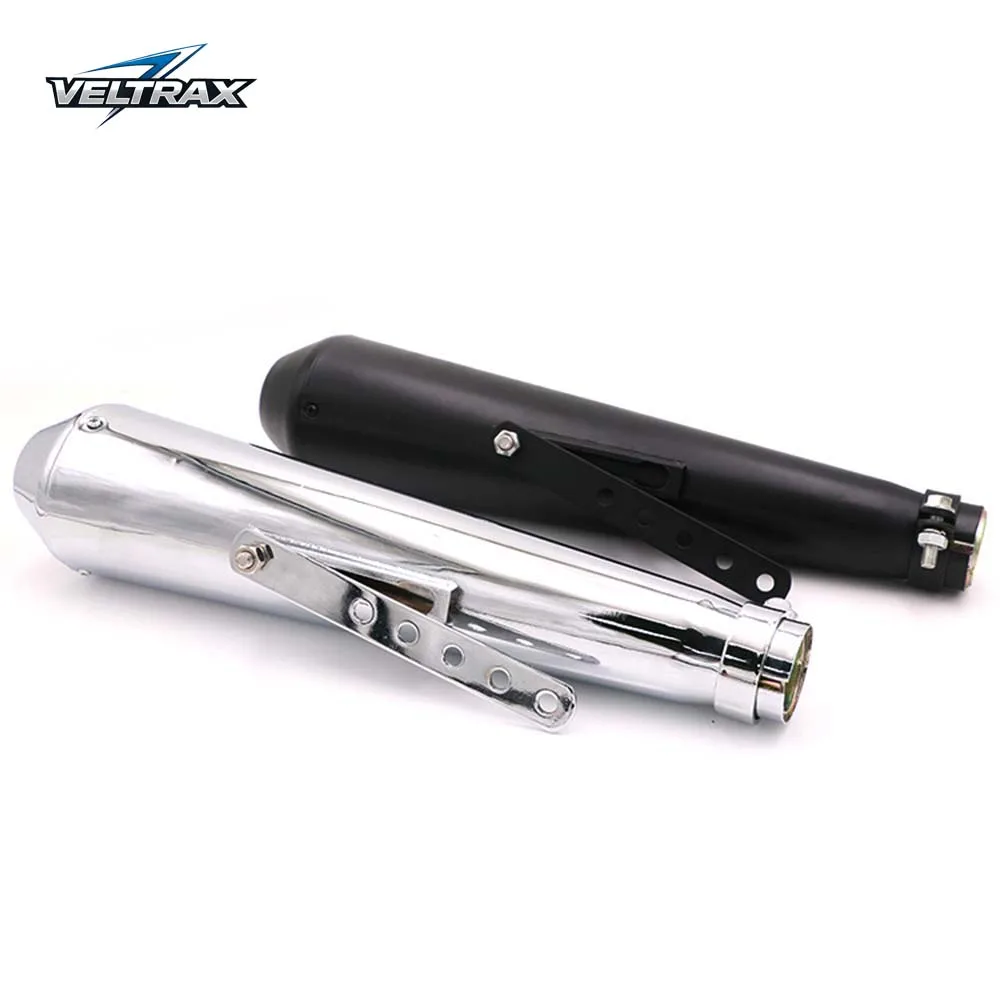 Veltrax Universal Retro Black Motorcycle Slip-On Exhaust Muffler Pipe 35/39/43/45mm Custom Street Bike Durable Steel