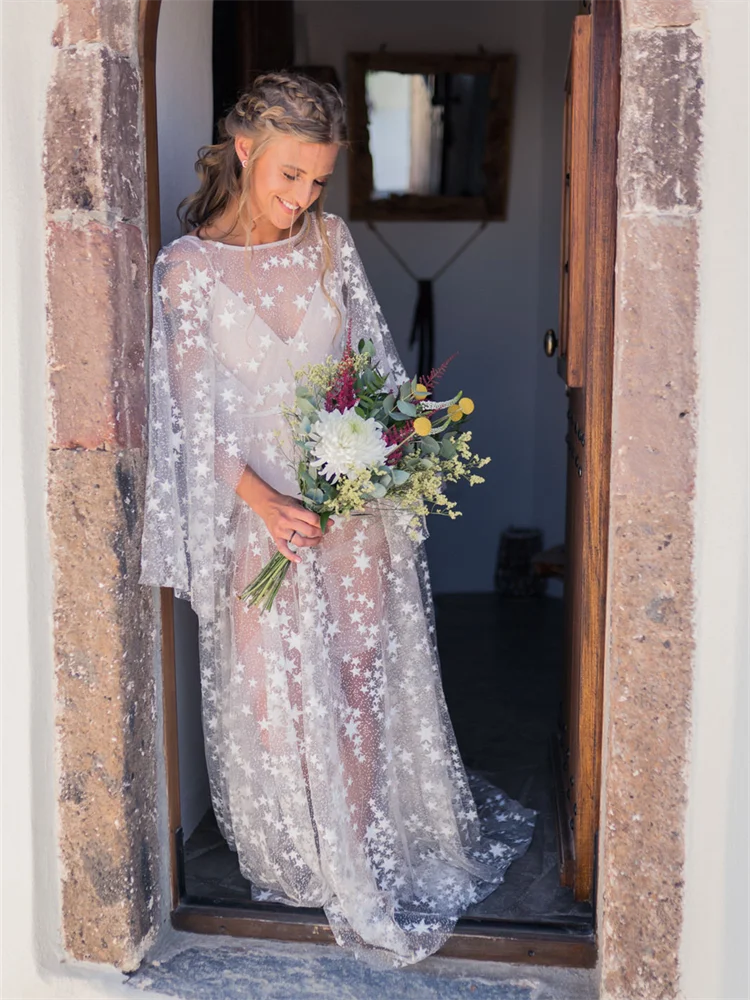 Zweiteilige Anzug Boho Star Spitze Braut Robe für Hochzeit sexy Flare Ärmel Braut dusche Kleid Frauen Nacht Gwon 2024 ودين