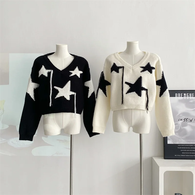 Autumn Winter Warm Harajuku Fashion V-neck Star Sweaters Long Sleeve Pullovers Top Woman 2000s Streetwear Jerseys New