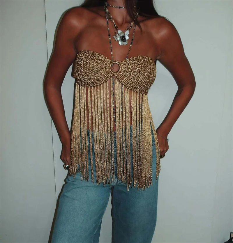 Women Boho Beach Fringe Bikini Top Vest Summer Sexy Halter Lace Up Tassel Knit Top Camis Crochet Swimsuit Cover Up Swimwear