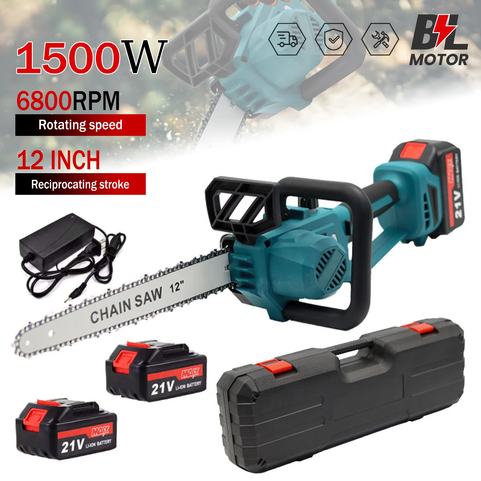 1500W Bürstenlose 12-Zoll-Elektrokettensäge Kabellos Holzbearbeitungs-Elektrowerkzeug Handgeführtes Gartenwerkzeug für Makita 21V Akku