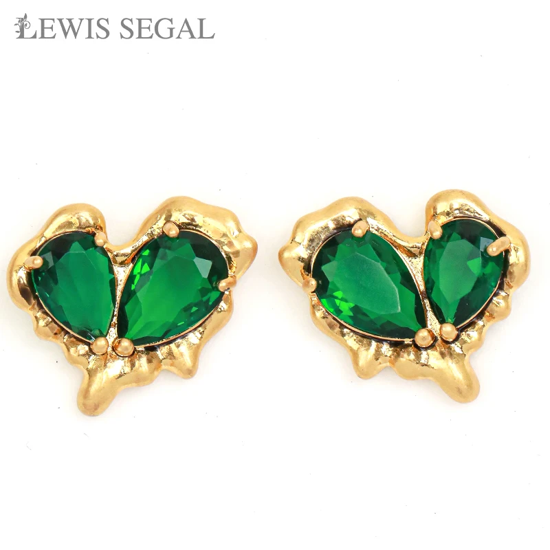 

LEWIS SEGAL Small Vintage Emerald Heart Stud Earrings For Women Independent Girl Medieval Style Fine Jewelry 18K Gold Wedding