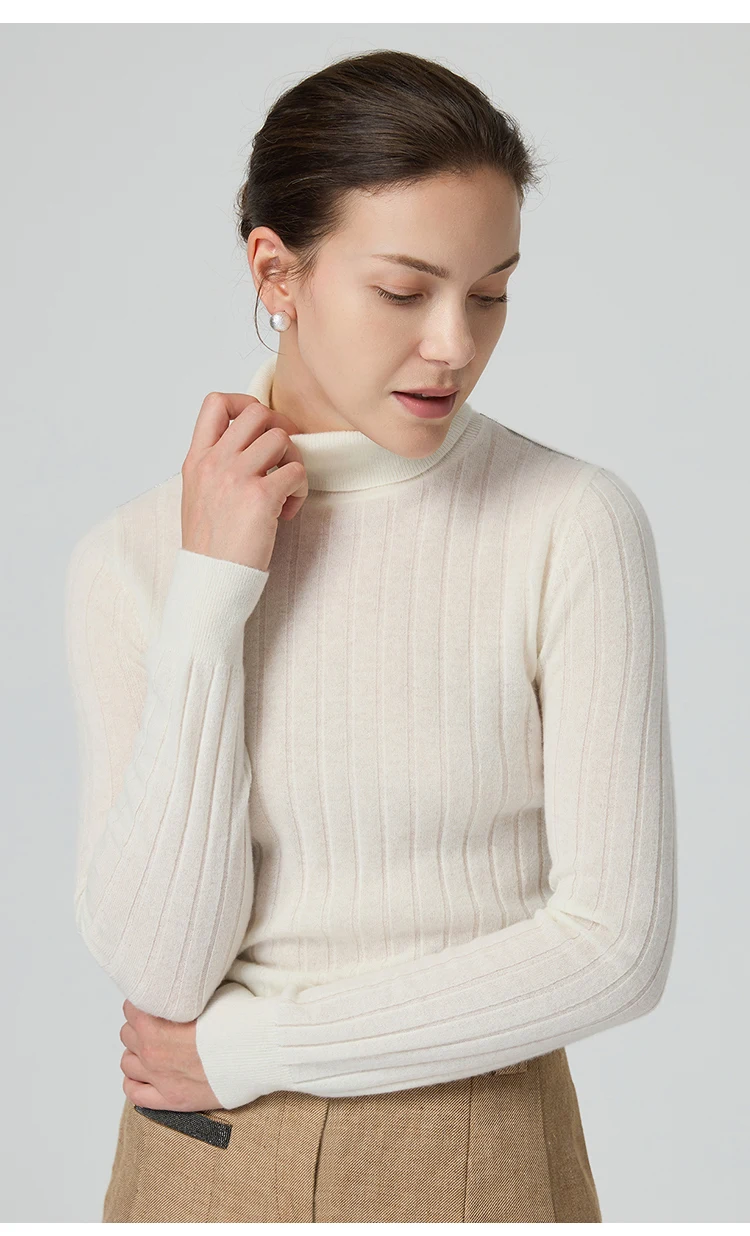 BY3521239 Luxuriöser Damen-Kaschmir-Rollkragenpullover, weicher, gerippter, schmal geschnittener Pullover, Winter-Strickware mit hohem Kragen – Detail 4