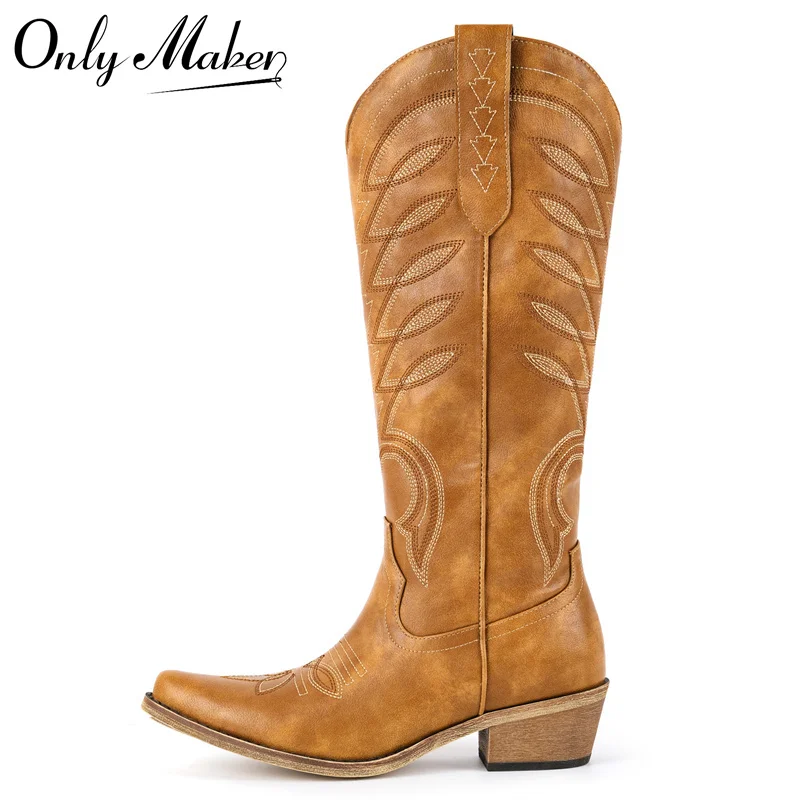 

Onlymaker Women's Western Embroidery Cowgirl Boots Pointed Toe Side Zipper Knee High with Chunky Heel Boots