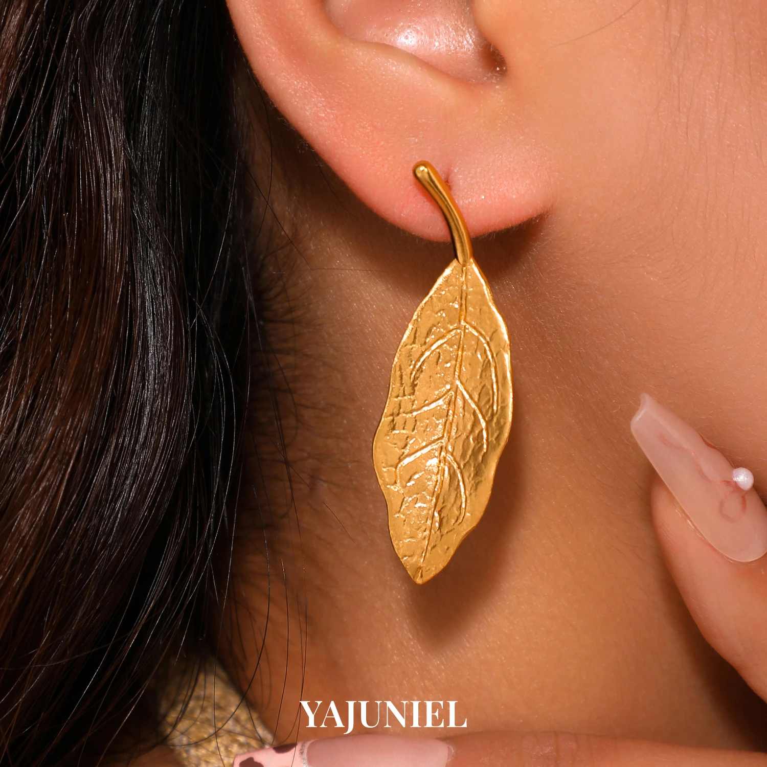 YAJUNIEL 24K Gold Plated Leaf Drop Earrings for Women Hypoallergenic Brass Detailed Veined Leaf Dangle Earrings Elegant Jewelry