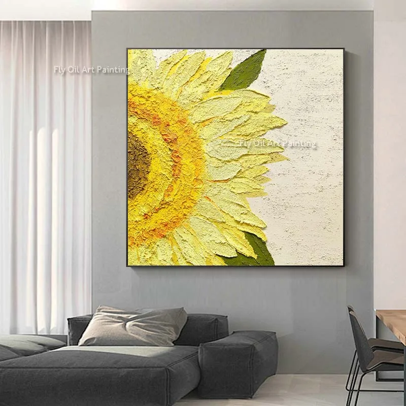 Big Bright Yellow Sunflower Oil Painting Hand Painting Flower Thick Canvas Painting Minimalism Floral Wall Art For Decor