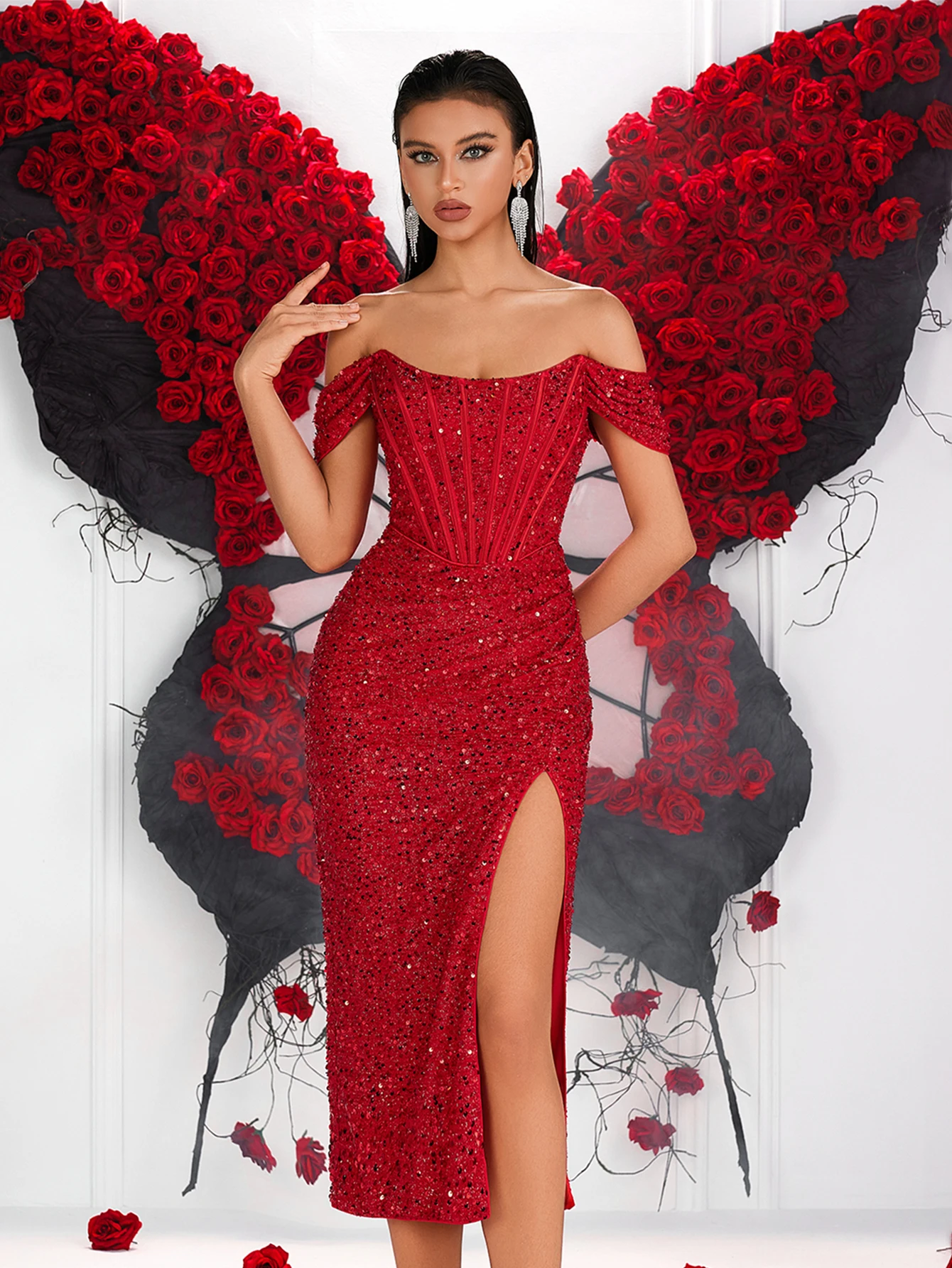 Adyce Women Sequins Elegant Fishbone Off Shoulder High Slit Backless Lace-up Midi Dresses Prom Birthday Party Evening Vestidos