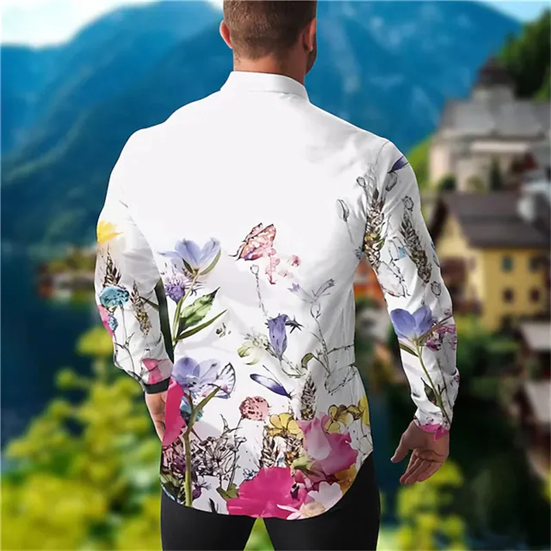 Fashion Men's Floral Cotton Elastic Lapel Shirt Casual Festival Outdoor Street Blue Purple Button Top Plus Size New 2023