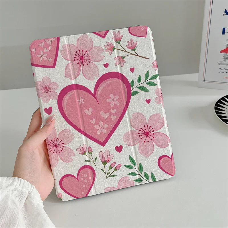 

For iPad 10 Pro 11 inch Air 2024 2025 iPad Air 5/4 10.9 10.2 9.7 inch 10.5 mini 6/5 Cover with Pen Holder Love Flower Cute Cases