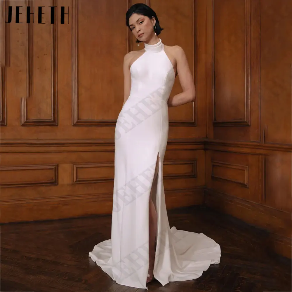 JEHETH Halter Neck Mermaid Wedding Dresses Sleeveless Backless Bride Gowns Back Buttons Side Slit vestidos de novias Custom Made