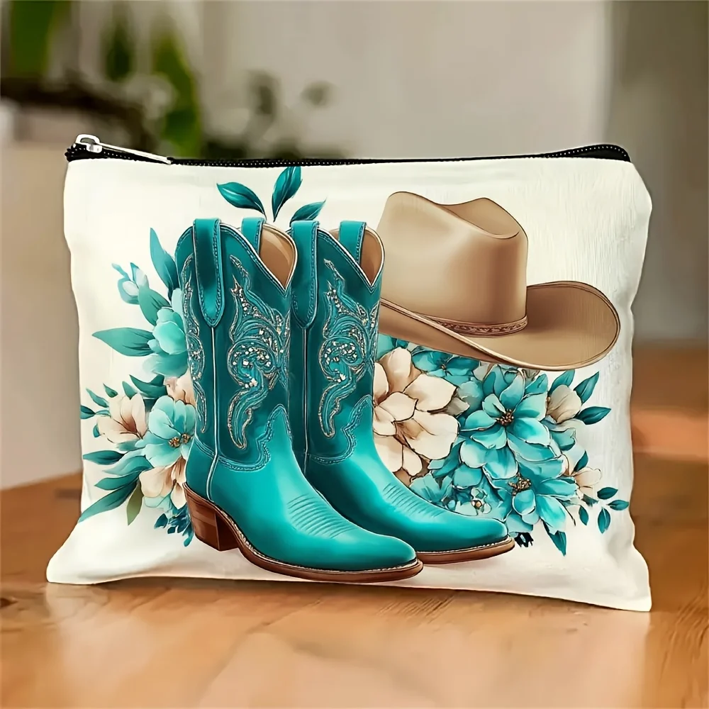 1Pc Western Cowboy Style, Turquoise Cowboy Boots, Cowboy Hat and Floral Vintage Design Makeup Bag, Fashionable Toiletry Bag, Snack Storage Bag, Stationery Storage Bag, Canvas Double-Sided Printed Travel Bag