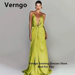 Verngo Green Stretch Frabic Party Dress For Women Deep V Neck Prom Gowns Simple A Line Dress For Formal Occasion