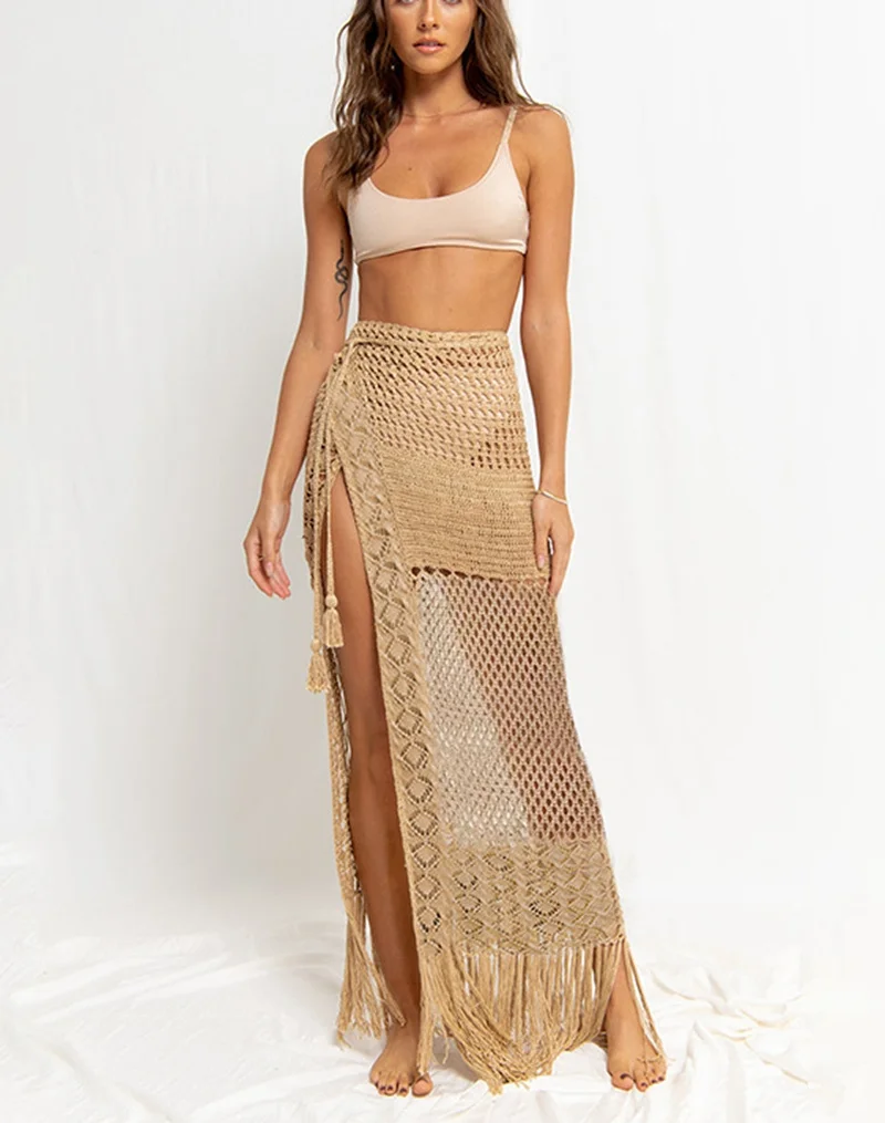 

Women's High Slit Lace Up Knit Skirt Wrap Bottom Sexy Hollow Out Summer Boho Beach Crochet Swimwear Bikini Cover Up Swimsuit Cov