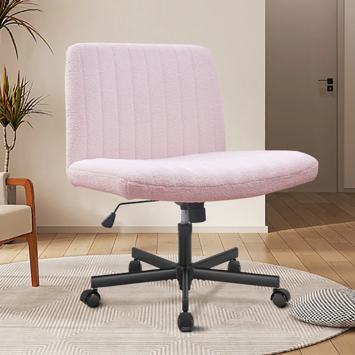 

Waterproof Criss Cross Chair with Wheels, Armless Cross Legged Office Desk Chair, Wide Comfy Vanity Rolling Swivel Fabric Chairs