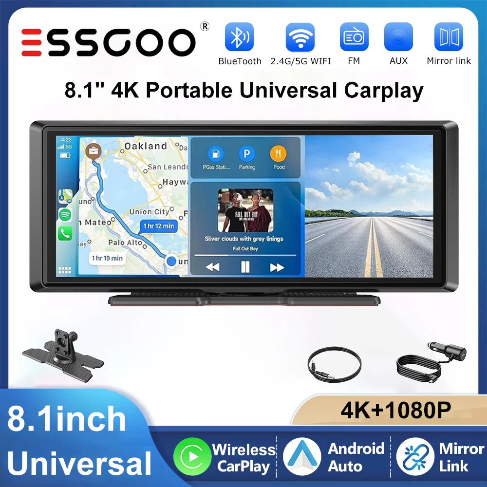 ESSGOO 8.1" 4K+1080P Carplay Universale per Auto Camion SUV Pickup CarPlay Wireless Portatile Android Auto WiFi Navigazione GPS FM BT5.3 Lettore MP5 AUX Mirror Link