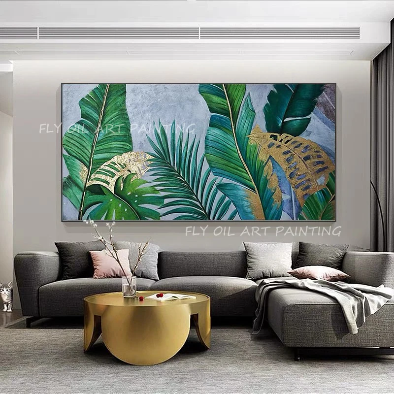 100% Hand Painted tropical leaf gold foil luxury colorful green plant beautiful thick oil painting no frame on canvas wall decor