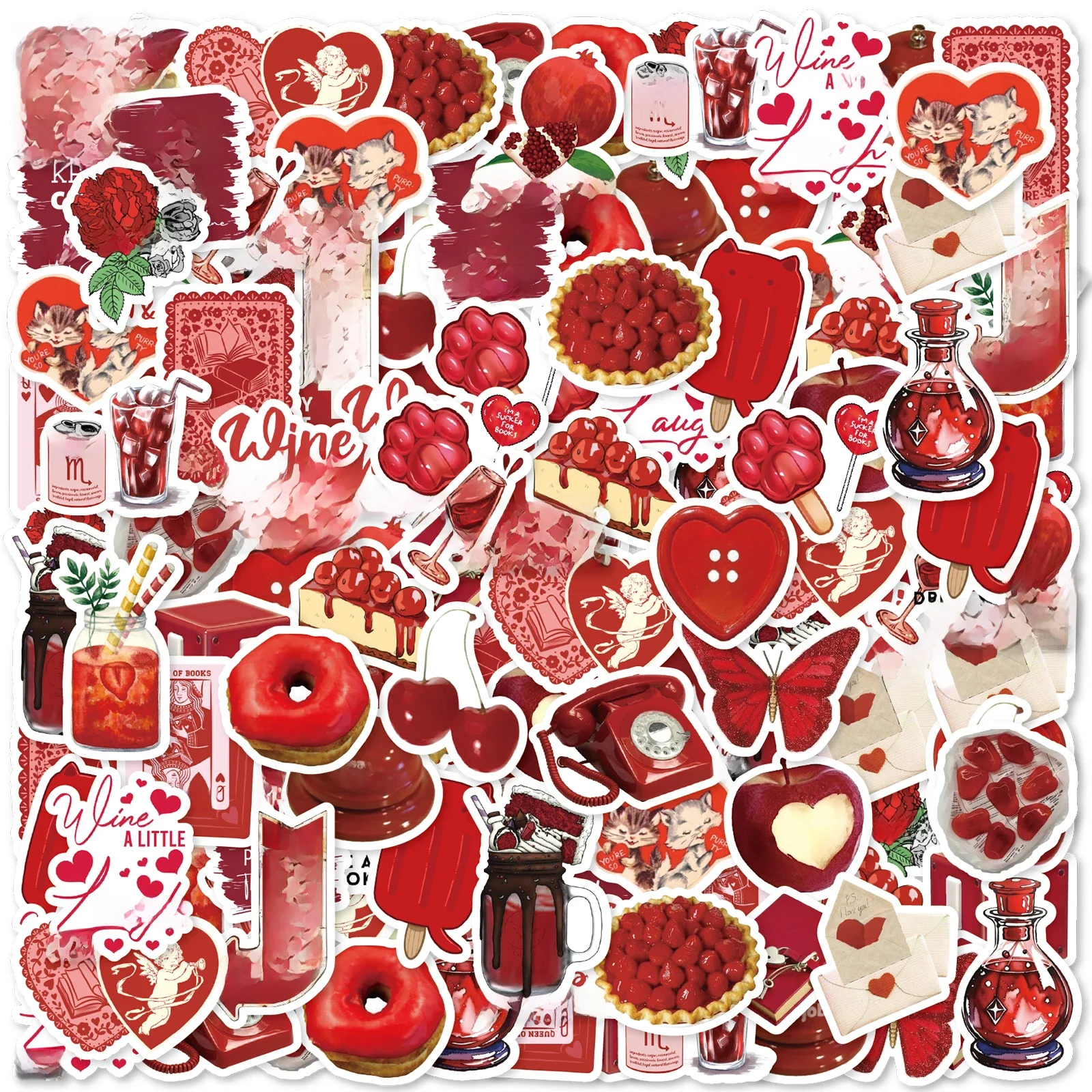 30 pièces Rose, cerise rouge Graffiti autocollants décoré cahier tasse d'eau valise guitare classique jouet Scrapbook étanche PVC décalcomanie