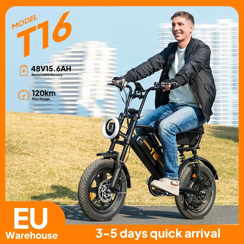 T16 E-Bike, 16"x3“ Fat Tire, 1000W Motor, 48V herausnehmbarer Akku, Doppelfederung, hohe Geschwindigkeit 45 km/h, Offroad-Pendlerfahrrad für Erwachsene