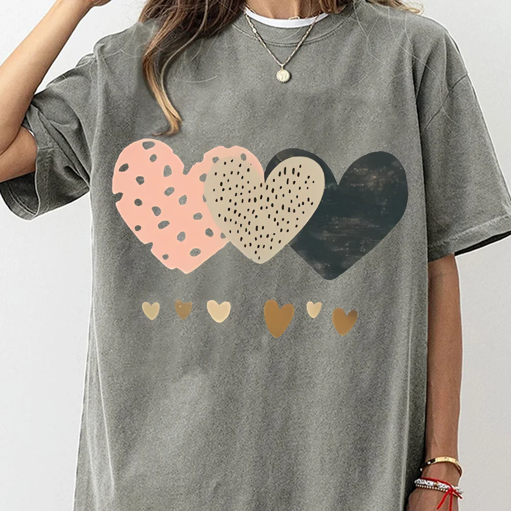 

Three Heart Print T-shirt Women's Washed Cotton TShirt Fashion Round Neck Short Sleeve Tee Casual Loose Female Streetwear Tops