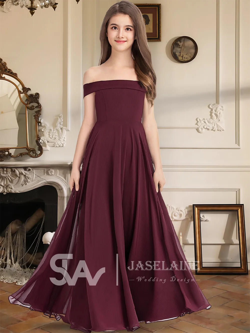 

GHH Junior Bridesmaid Dress Chiffon Off Shoulder Floor-Length Flower Girl Gown A Line Fitted Bodice Girls Formal Occasion Dress