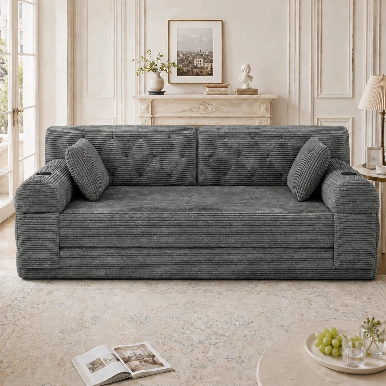2-Sitzer Schlafsofa mit hoher Rückenlehne – Komprimiertes Cord Sofa aus hochdichtem Schaumstoff & Metallrahmen, inkl. 2 Getränkehaltern und 4 Seitentaschen, ohne Montage – vielseitig für Wohnzimmer,