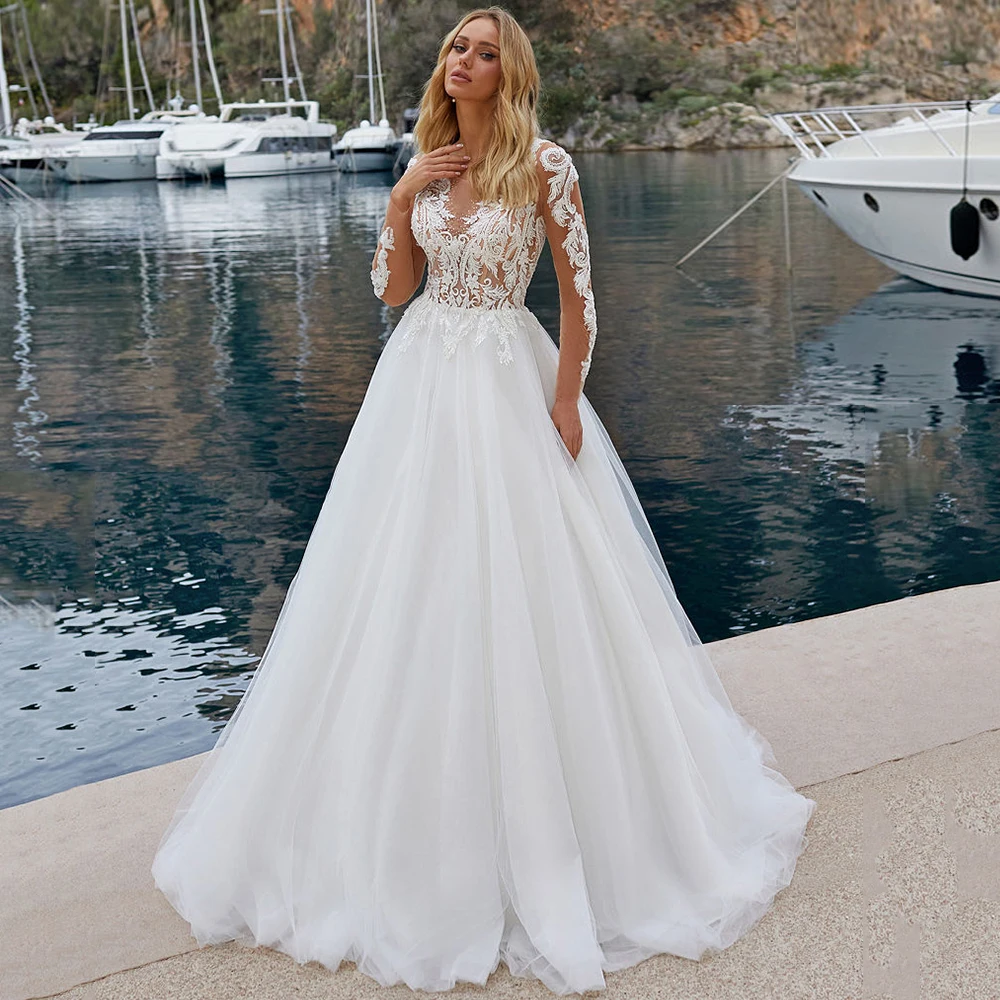 

Weilinsha Modern A-Line Long Sleeve Civil Wedding Dress for Brides Tulle Button Back Appliques Bridal Gown Plus Size Custom Made