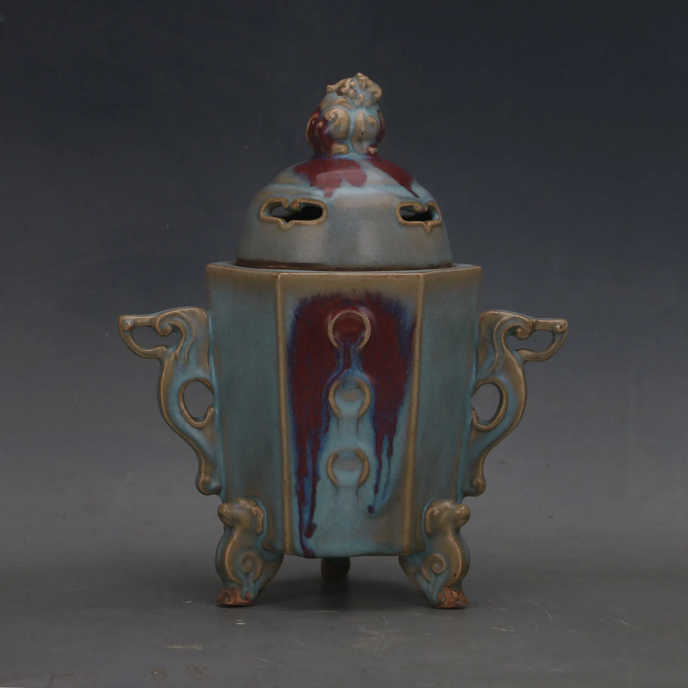 Vintage Jun Ware Blue Glaze Splashed Mythical Beast Openwork Ruyi Handles Tripod Censer Incense Burner Home Decor Collection