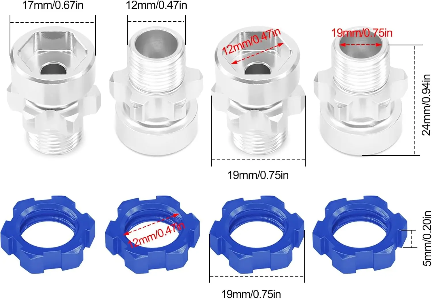 OGRC 12mm to 17mm Wheel Hex Adapter Aluminum Hub Extension Conversion Nuts for 1/10 Rustler Stampede 2WD 4X4 RC Racing Tires