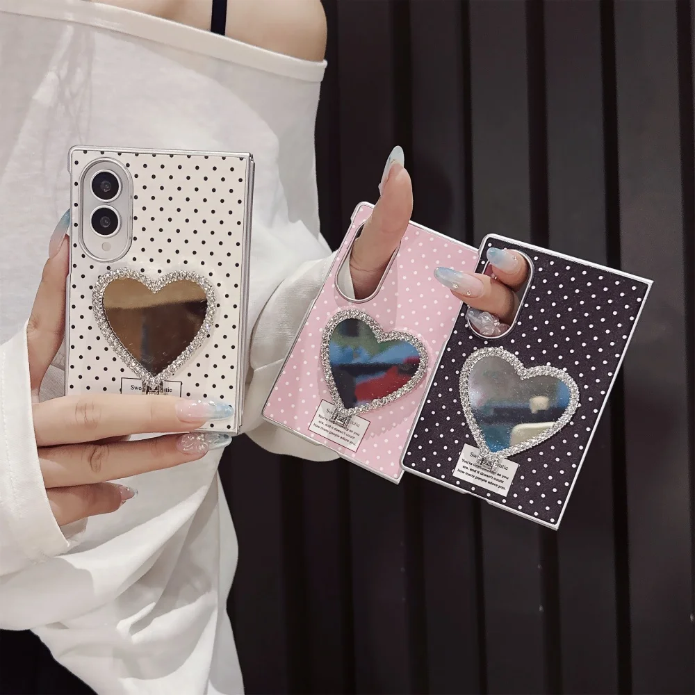 New Korea Ins Polka Dot Heart Shape Mirror Stand Phone Case for Samsung Galaxy Z Fold 8 fold 8 Fashion Anti-drop Protective Case
