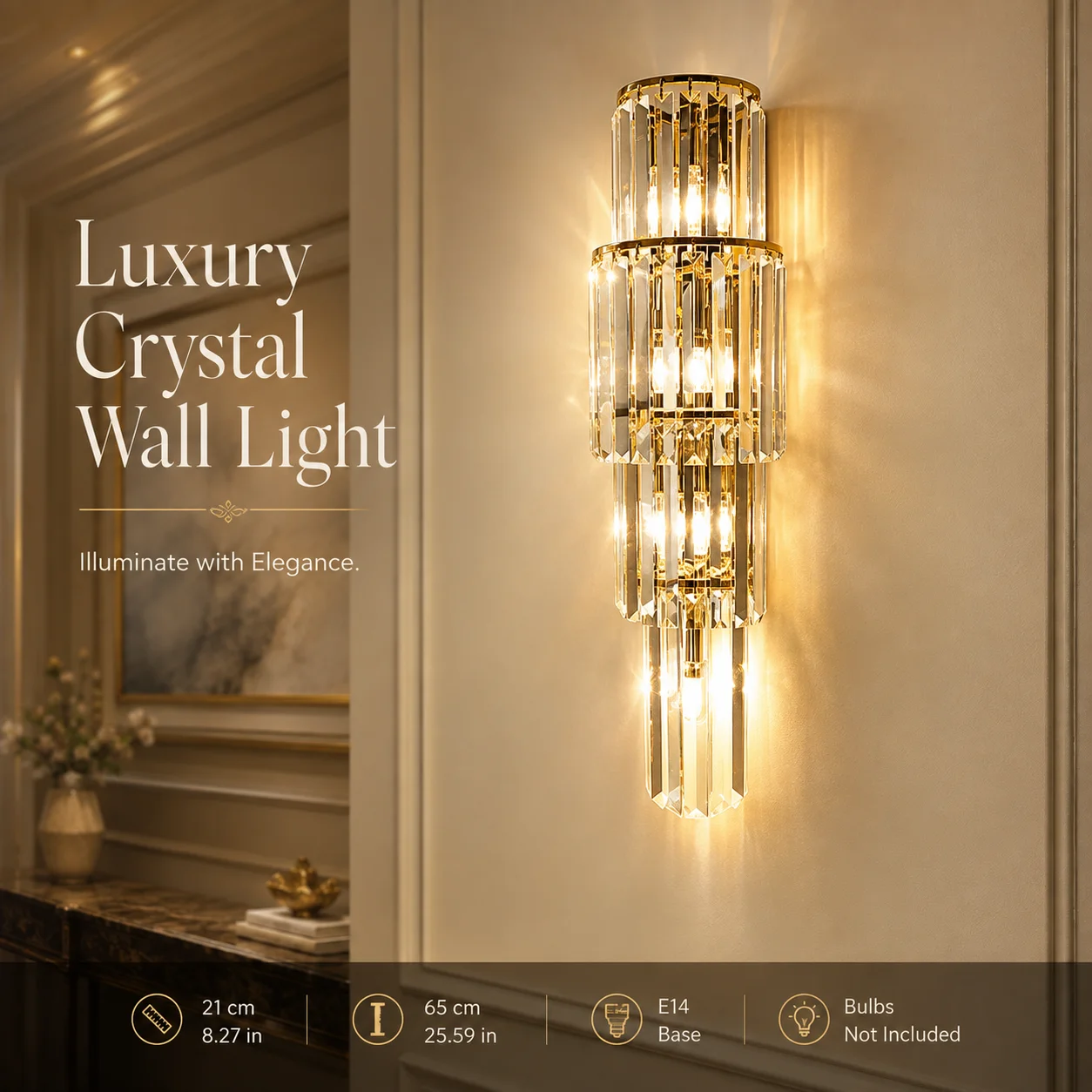 65cm 4-Tier Gold Crystal Wall Lamp, Wall-Mounted Fixture (Bulbs Not Included), Luxurious Crystal Prism Wall Light—Suitable for Walls, Covered Porches, Entryways, and Decorative Lighting