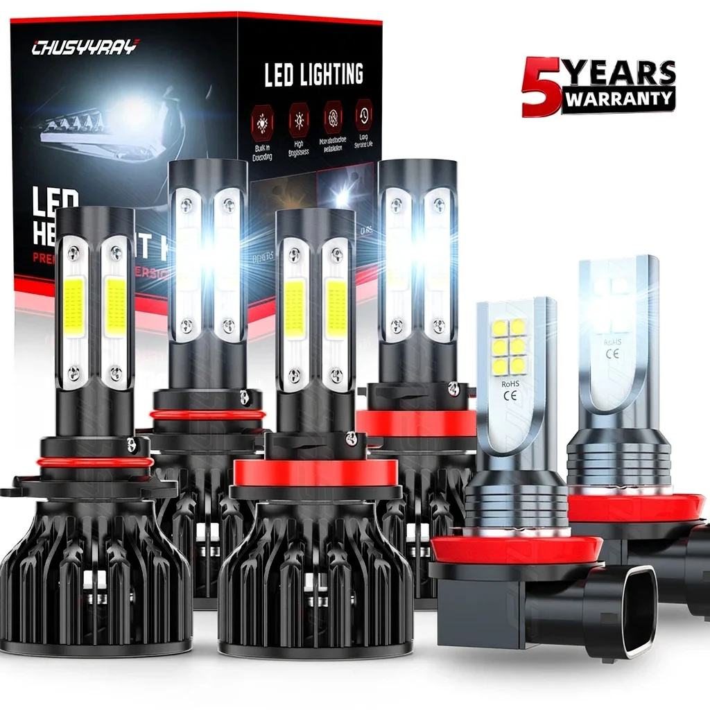 6PCS 9005 H11 H11 LED Headlight+Fog Light Super Bright Bulbs Kit 6000K White High Low 60W 10000LM