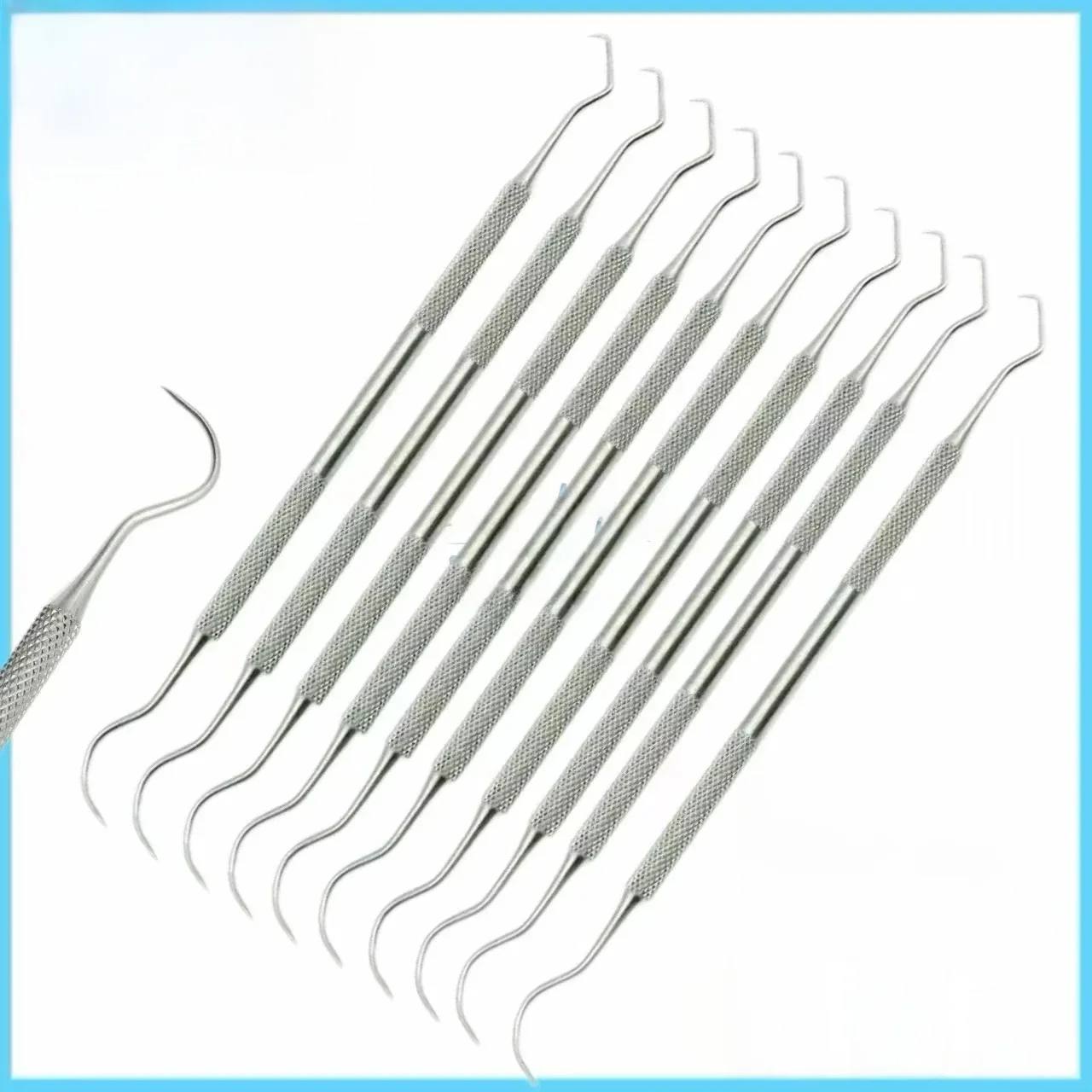 10 sztuk podwójna głowica ze stali nierdzewnej narzędzie stomatologiczne dentysta zęby czysta higiena Explorer sonda hak Pick instrumenty dentystyczne — zdjęcie 2