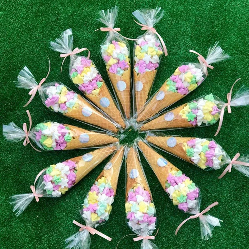 50pcs cône bonbons sac Transparent en plastique Triangle crème glacée cône bonbons pop-corn sac avec Kink cadeau sac bonbons ou friandises emballage