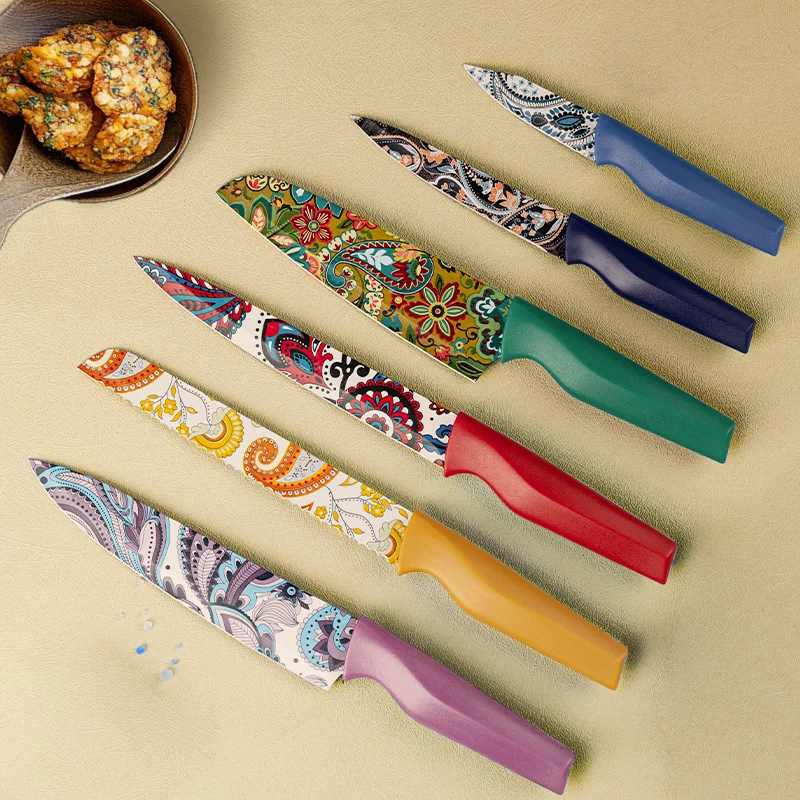 Astercook Paisley Pattern Knife Set with Cover, Dishwasher Safe Colorful Knives with 6 Knife Sheath, German Stainless Steel