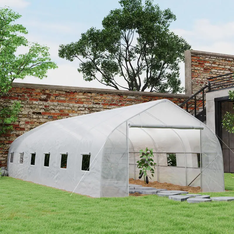 Grande serre tunnel pour jardin avec couverture en PE, structure en acier, porte à enroulement et 12 fenêtres, 8 x 3 x 2 m, blanche
