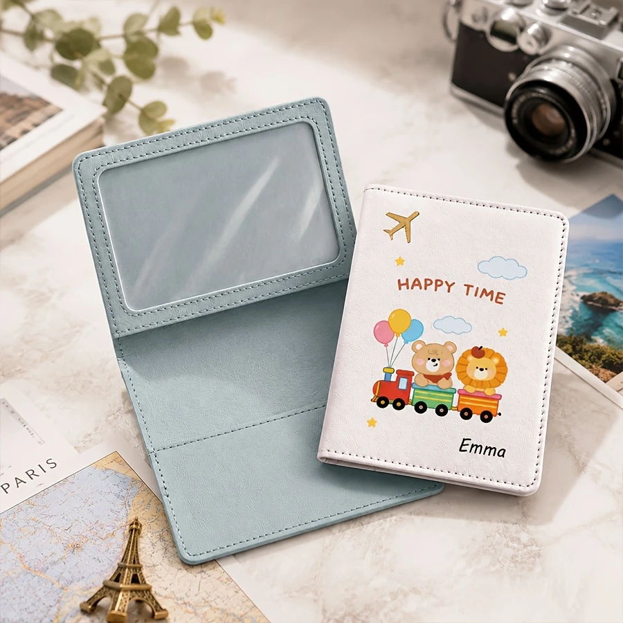 A Cute Cartoon Animal Bear-pattern Passport Cover with Customizable Name, Text Passport Book Holder, Universal Airplane Passport view 5