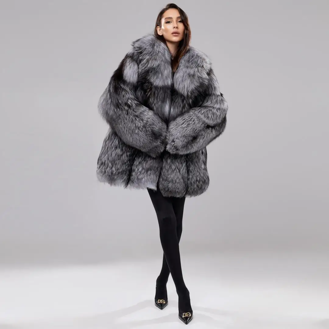 Women Coat Whole Skin Real Silver Fox Fur Overcoat Jackets Outwear thickened fluffy authentic genuine fur coats Lapel Collar