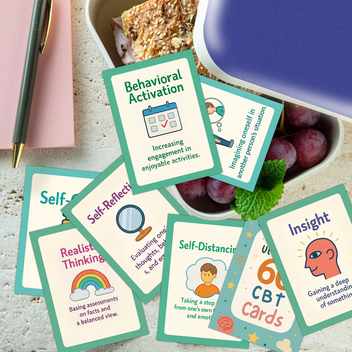 60 قطعة من بطاقات العلاج السلوكي المعرفي، الرسوم التوضيحية الكرتونية، ممارسة الذهنية، أداة تنظيم الحركة للمعالجين، المدربين #4