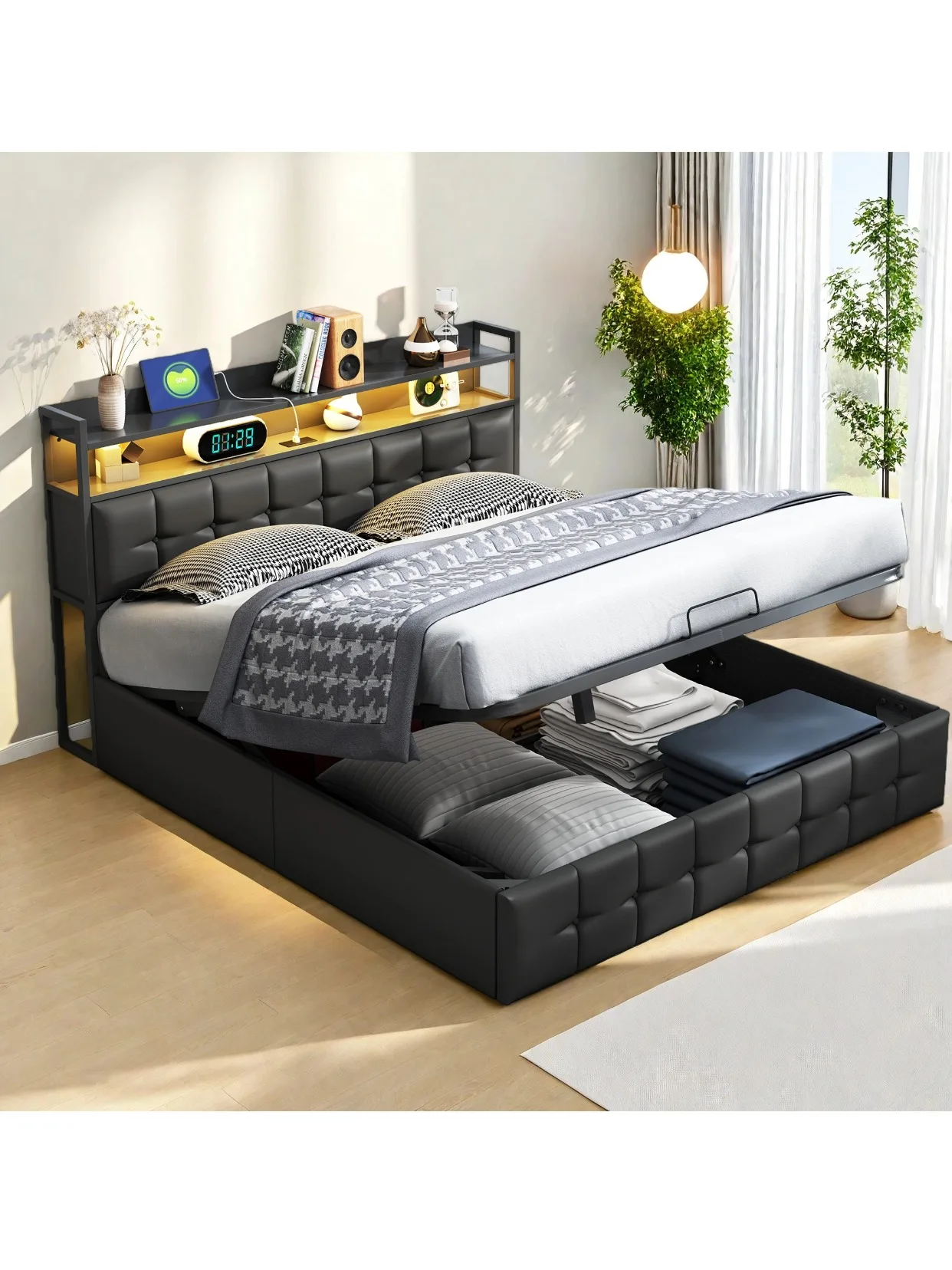 Anajqaqia, 160x200 cm Hydraulisches Bett, Stauraumbett, Doppelbett, Polsterbett, Hauptschlafzimmerbett, Stauraumbett mit großem Fassungsvermögen und zweistufigem Regal, Leder, Schwarz, Matratze nicht