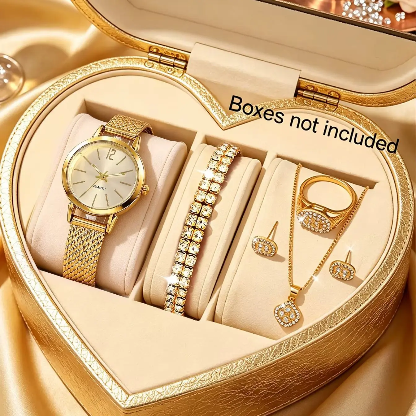 6-Piece Set of Light Luxury Minimalist Women's Compact Round Watches Paired with Rhinestone Jewelry Set, Suitable for Daily Wear, Couple's Watches, the Best Gift for Her