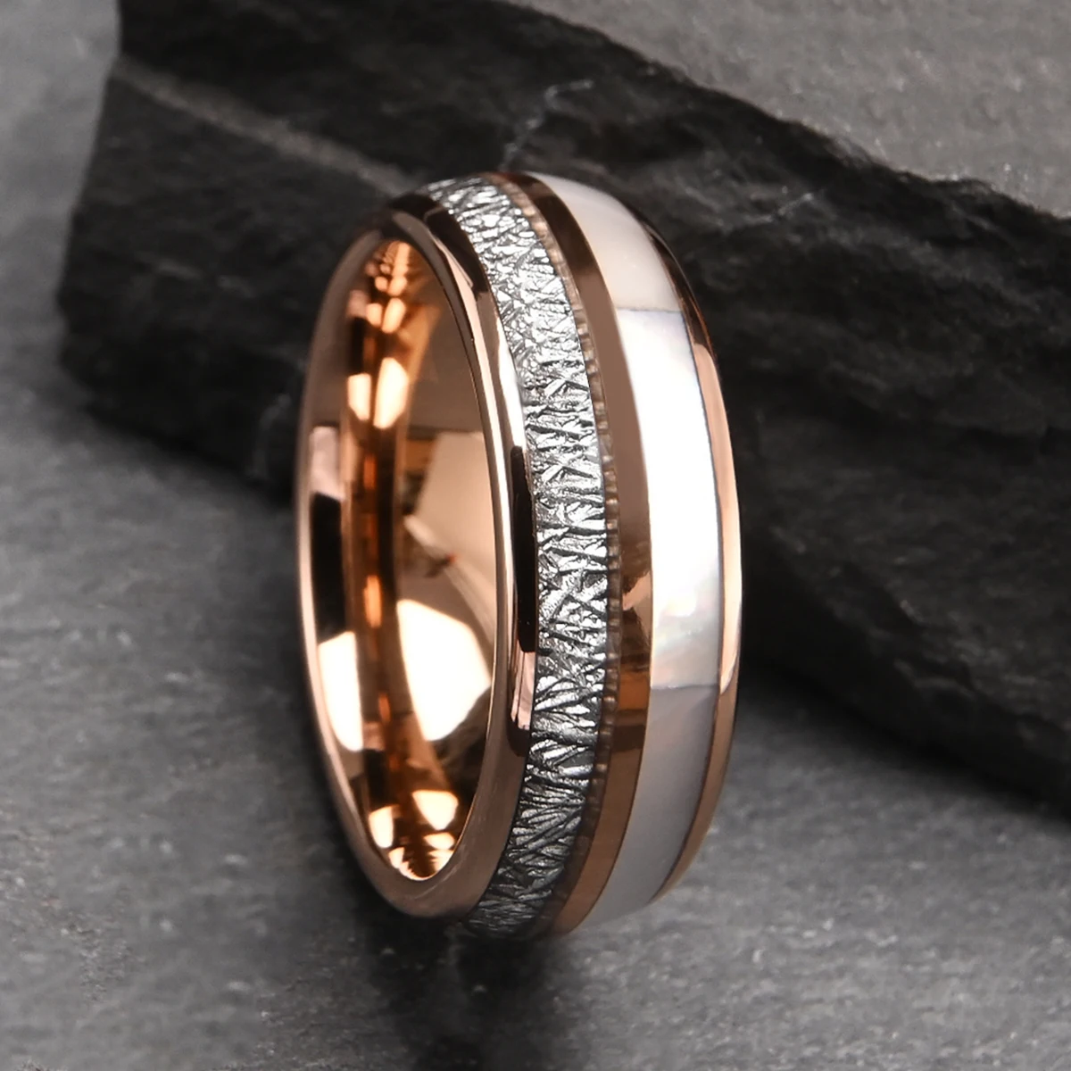 Couple's Mother-of-Pearl  Rose Gold Wedding Bands,8mm, 6mm Men's Tungsten Gold Ring,Couple's Matching Rings,Anniversary Gift view 6