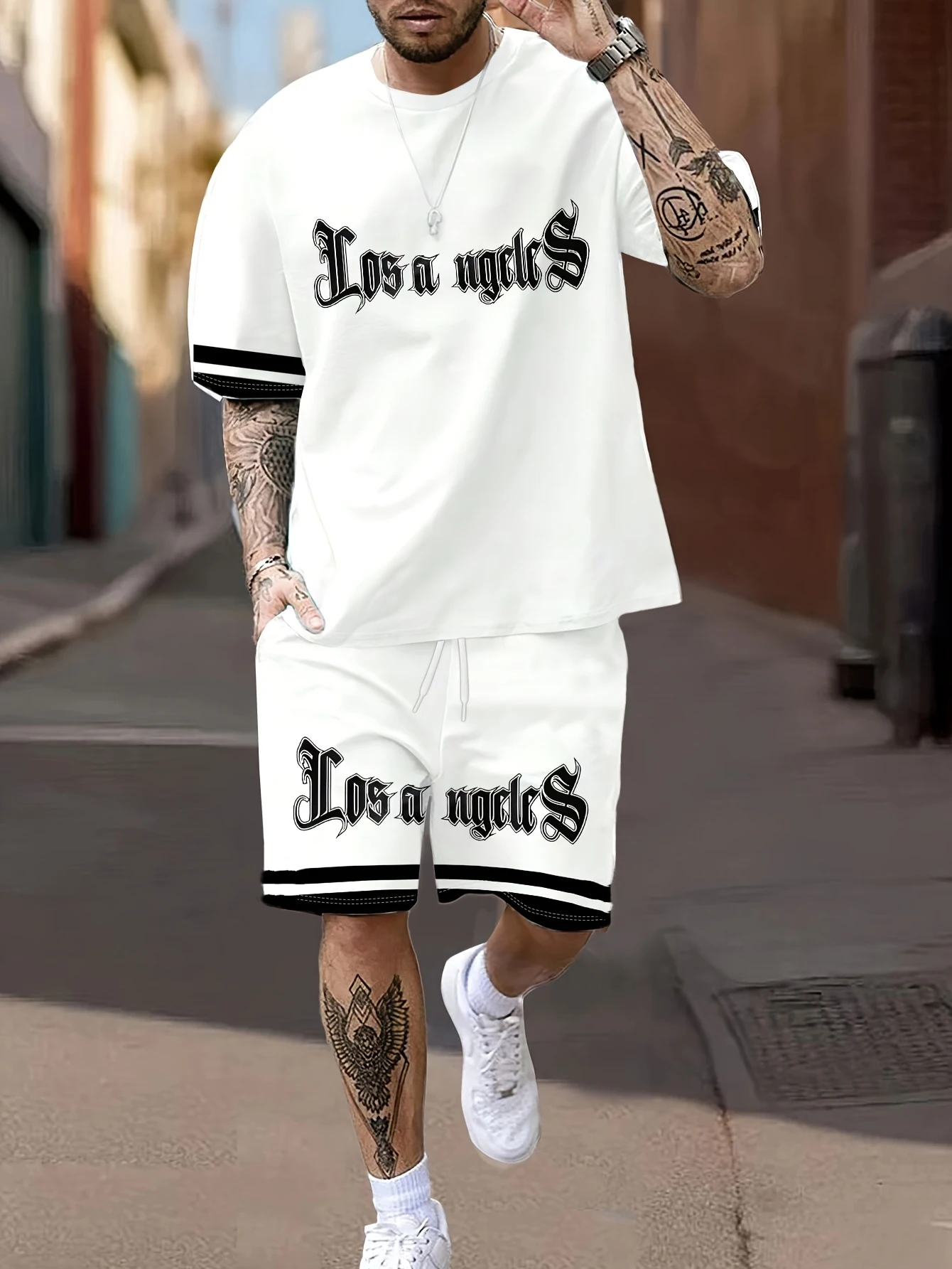 

Men's Los Angeles Print Short Sleeve T-Shirt & Shorts Set Round Neck Gradient Short Sleeved Women's T-shirt Shorts Set