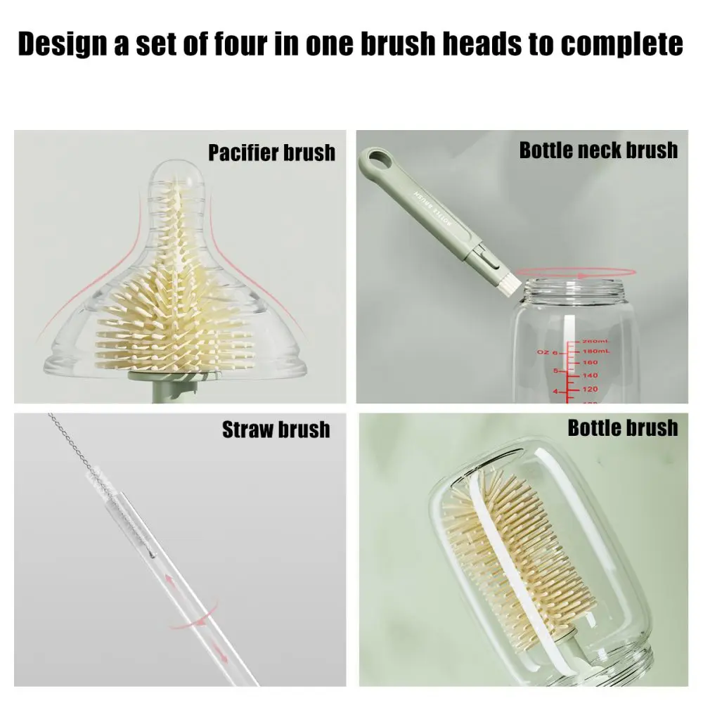 Multifunctional straight handle silicone bottle brush, portable Travel Bottle Brush Set Liquid Silicone Bottle Brush