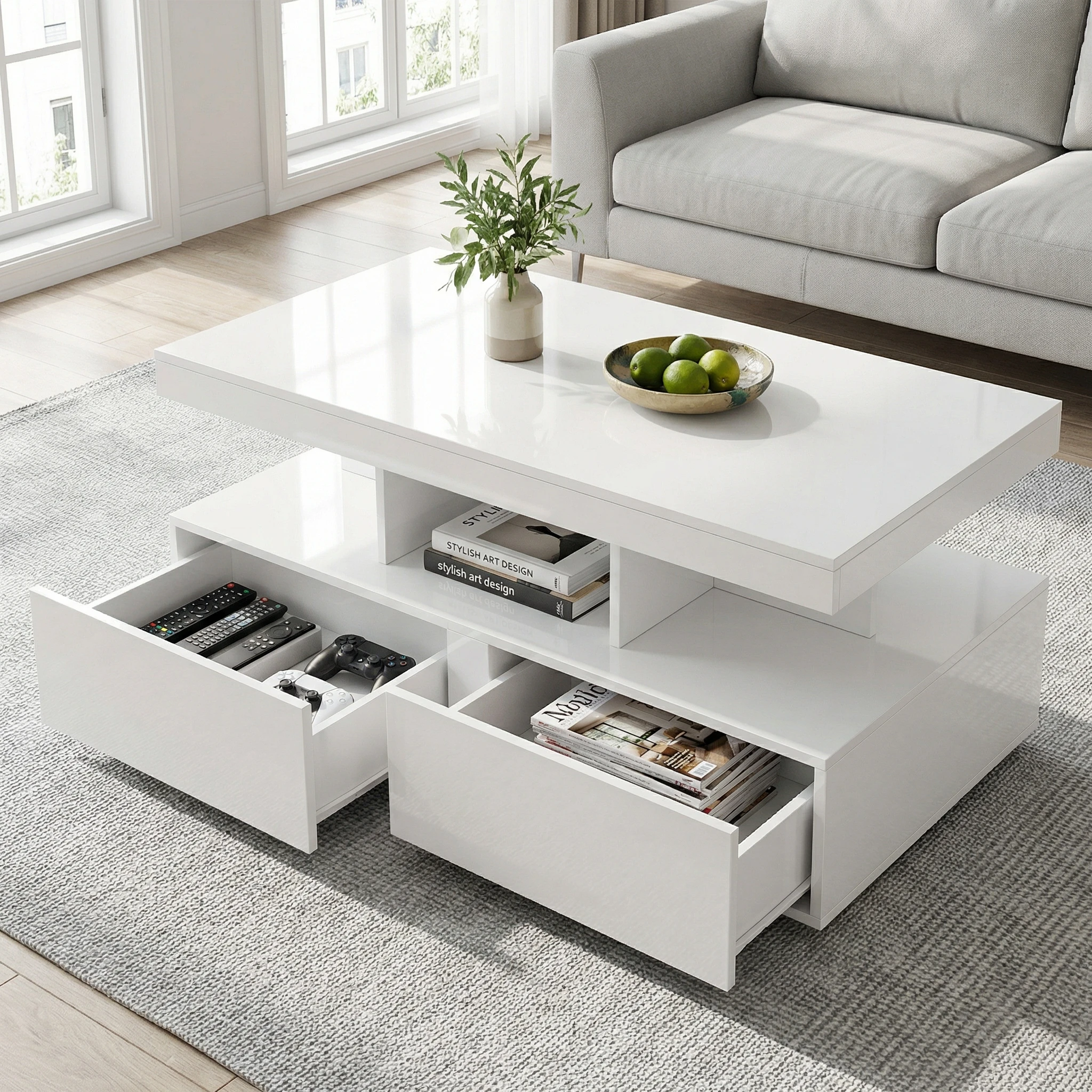 Mesa de centro blanca para salón, superficie de alto brillo, equipada con iluminación LED, estante abierto y 2 cajones, 104x53x46cm