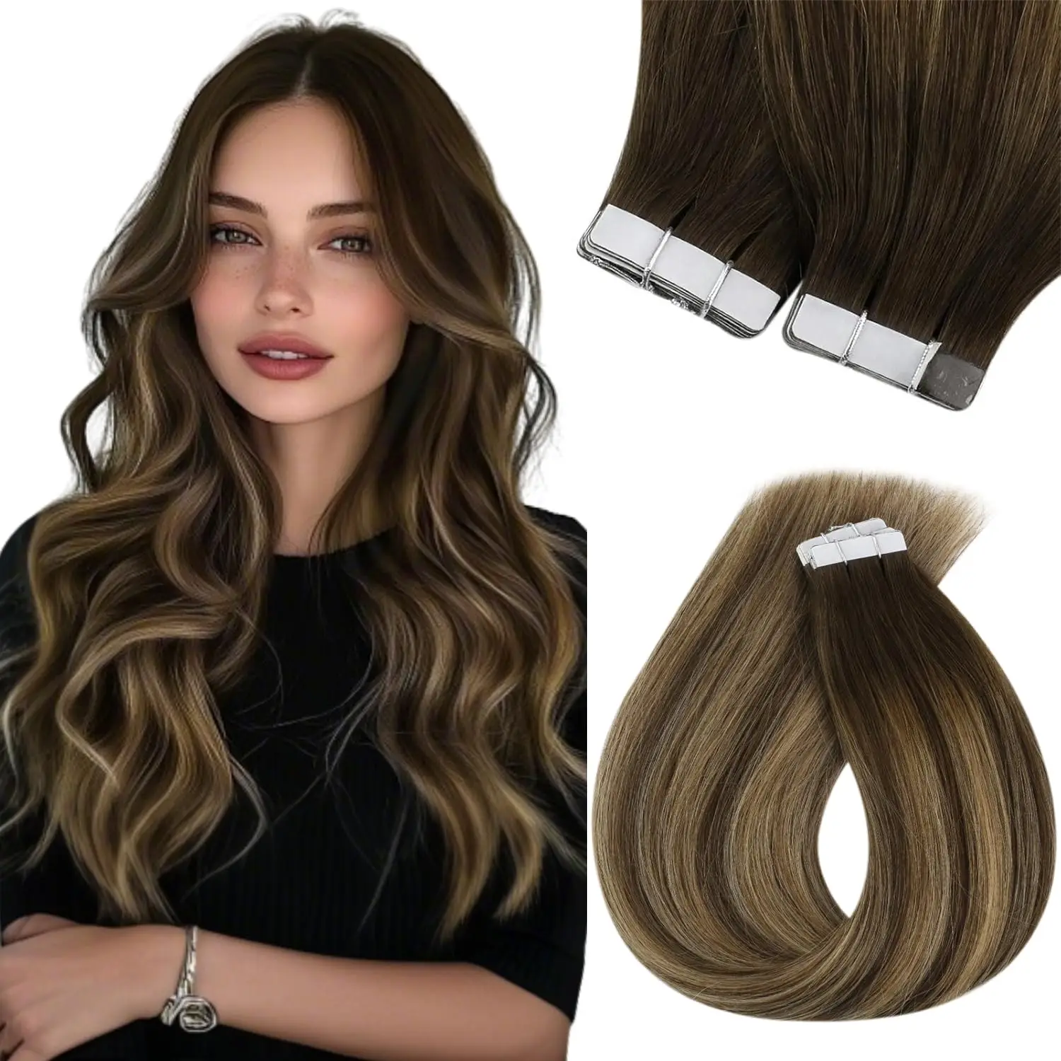 Extensiones de cabello con cinta VeSunny Remy, 100% cabello humano brasileño Natural, 12-24 pulgadas, 30 y 50G, Color Balayage, cinta sin costuras