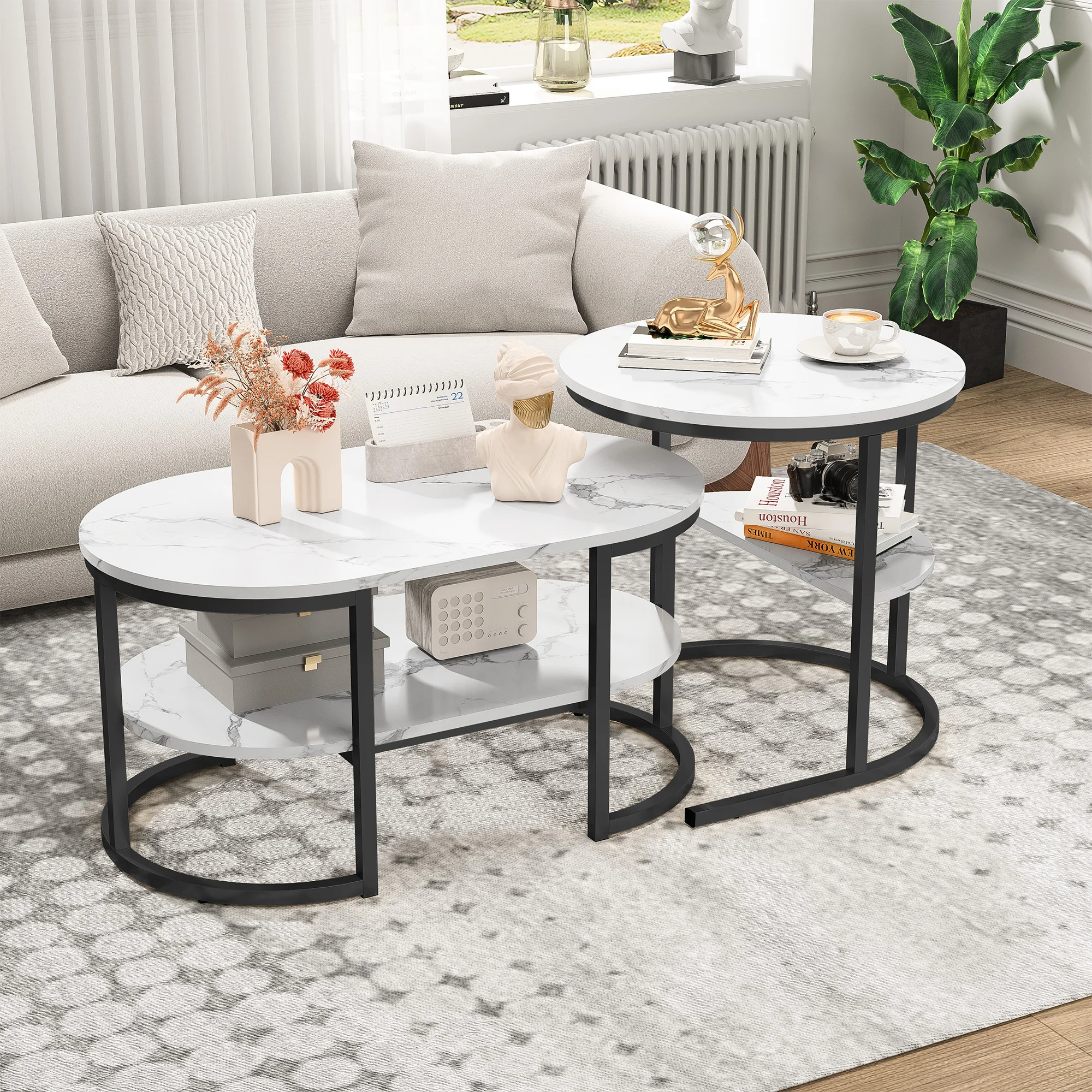 Rosahqnda Modern Set de 2 tables de canapé avec grandes surfaces de rangement, plateau à motif de marbre et supports métalliques robustes